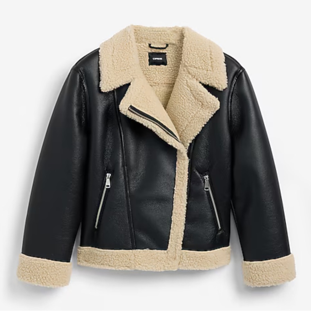 Express Faux Leather Sherpa Lined Moto Coat